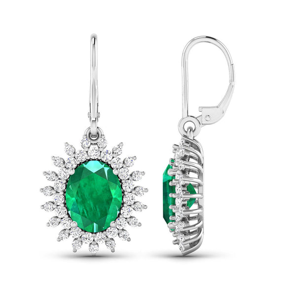 3.90 Carat Genuine Zambian Emerald and White Diamond 14K White Gold Earrings