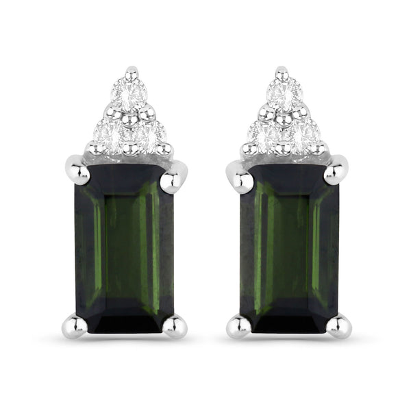 0.59 Carat Genuine Green Tourmaline and White Diamond 14K White Gold Earrings