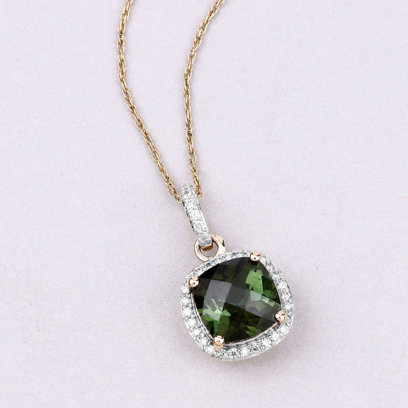 2.61 Carat Genuine Green Tourmaline and White Diamond 14K Yellow Gold Pendant