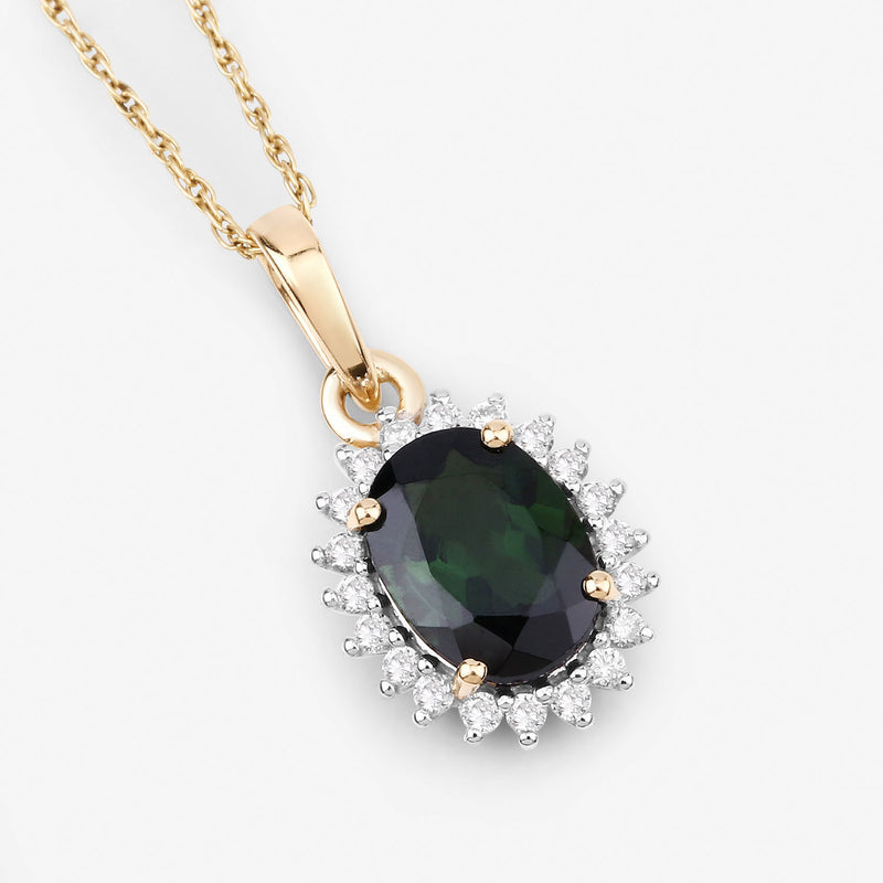 1.39 Carat Genuine Green Tourmaline and White Diamond 14K Yellow Gold Pendant