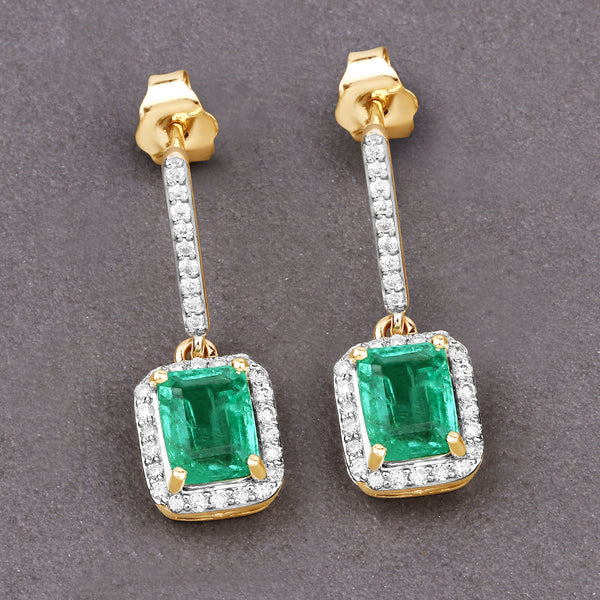 2.08 Carat Genuine Emerald and White Diamond 14K Yellow Gold Earrings