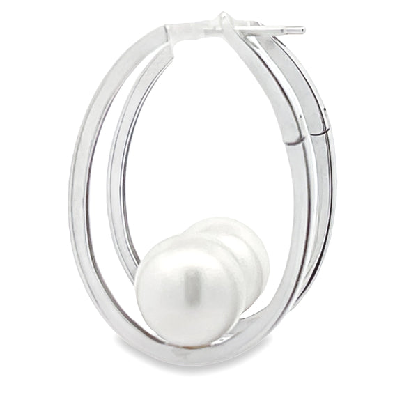 Natural FW Pearl Hoop Earrings 14KT White Gold