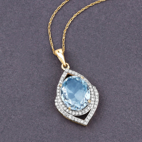 3.82 Carat Genuine Aquamarine and White Diamond 14K Yellow Gold Pendant