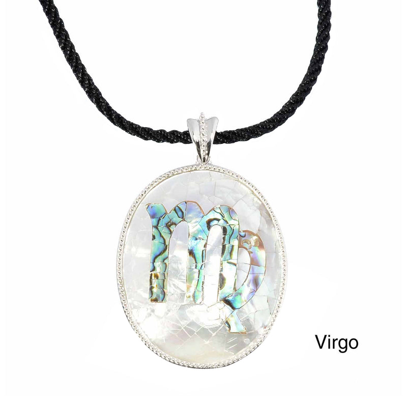 Virgo Zodiac Pendant Necklace with River Shell, Abalone, and Sterling Silver