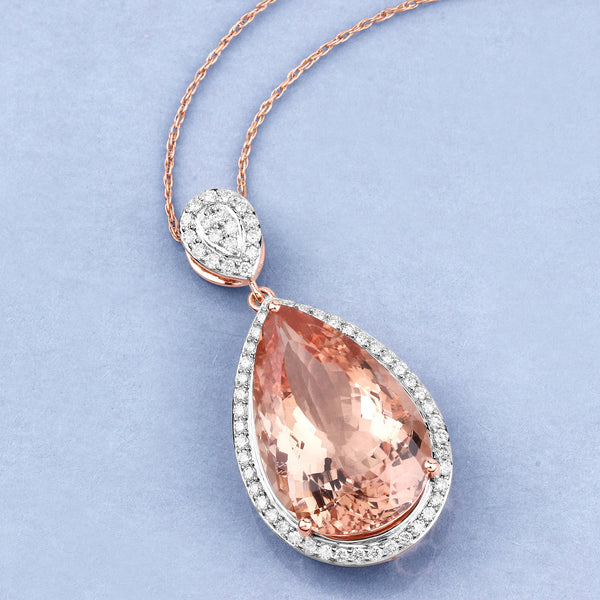 13.27 Carat Genuine Morganite and White Diamond 14K Rose Gold Pendant