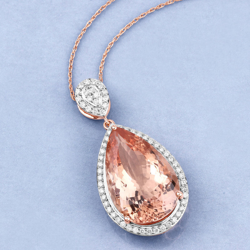 13.27 Carat Genuine Morganite and White Diamond 14K Rose Gold Pendant