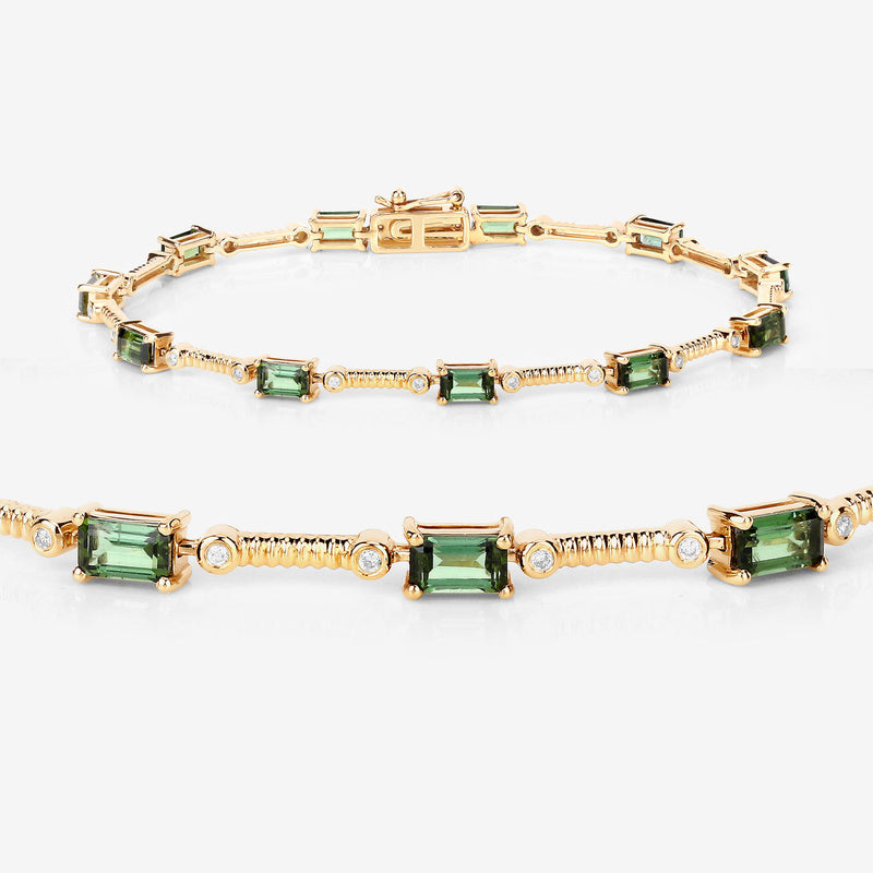 3.22 Carat Genuine Green Tourmaline and White Diamond 14K Yellow Gold Bracelet