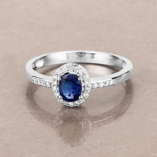 0.68 Carat Genuine Blue Sapphire and White Diamond 14K White Gold Ring