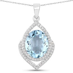 3.82 Carat Genuine Aquamarine and White Diamond 14K White Gold Pendant