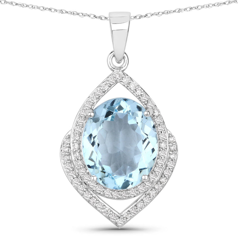 3.82 Carat Genuine Aquamarine and White Diamond 14K White Gold Pendant