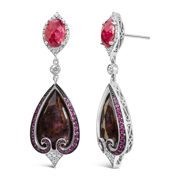 14K White Gold 3/5 Cttw Diamond, Grey-Orange Sapphire, and Pink Spinel Vintage-Inspired Drop Earrings (F-G Color, VS1-VS2 Clarity)