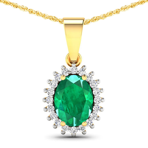 1.13 Carat Genuine Zambian Emerald and White Diamond 14K Yellow Gold Pendant