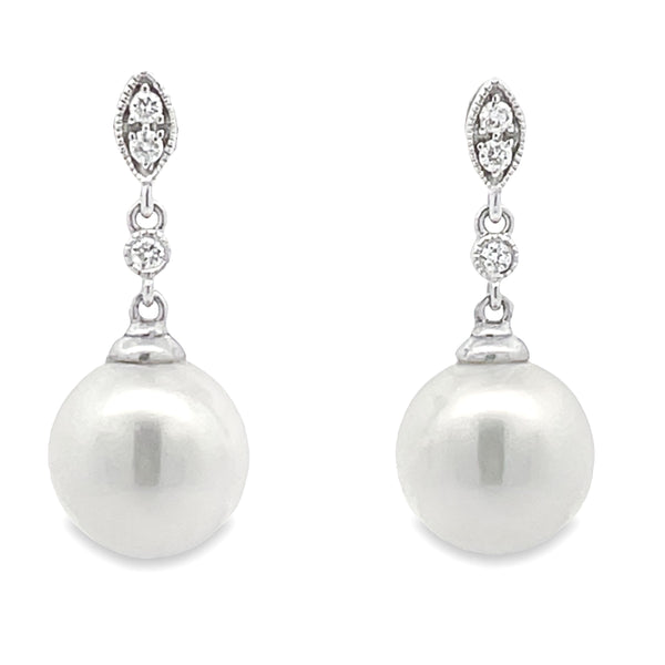 .09ct FW Pearl Diamond Dangle Earrings 14KT White Gold
