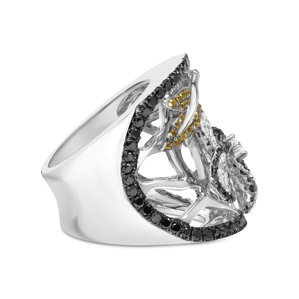 14K White Gold 2 3/5 Cttw Black and White Diamond and Yellow Sapphire Floral Cocktail Ring Band (H-I Color, SI1-SI2 Clarity) - Ring Size 7