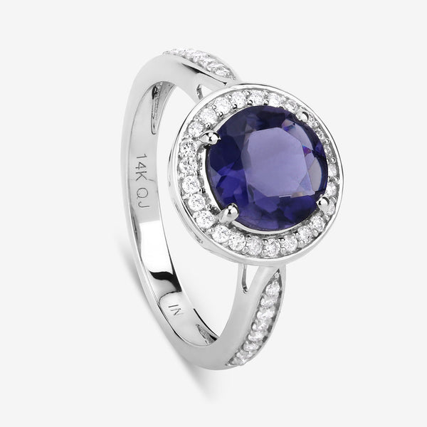 1.79 Carat Genuine Iolite and White Diamond 14K White Gold Ring