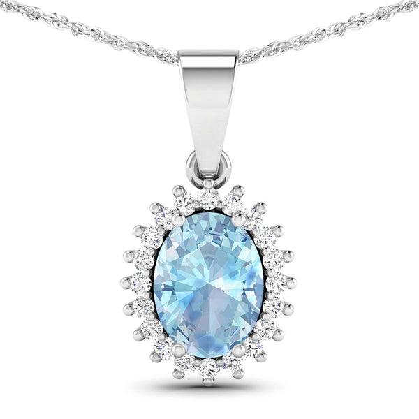 1.09 Carat Genuine Aquamarine and White Diamond 14K White Gold Pendant