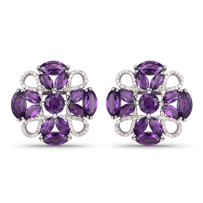 9.76 Carat Genuine Amethyst and White Diamond .925 Sterling Silver Earrings