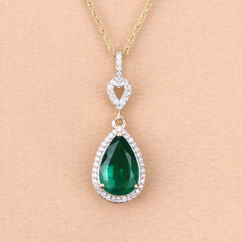 IGI Certified 1.65 Carat Genuine Zambian Emerald and White Diamond 14K Yellow Gold Pendant