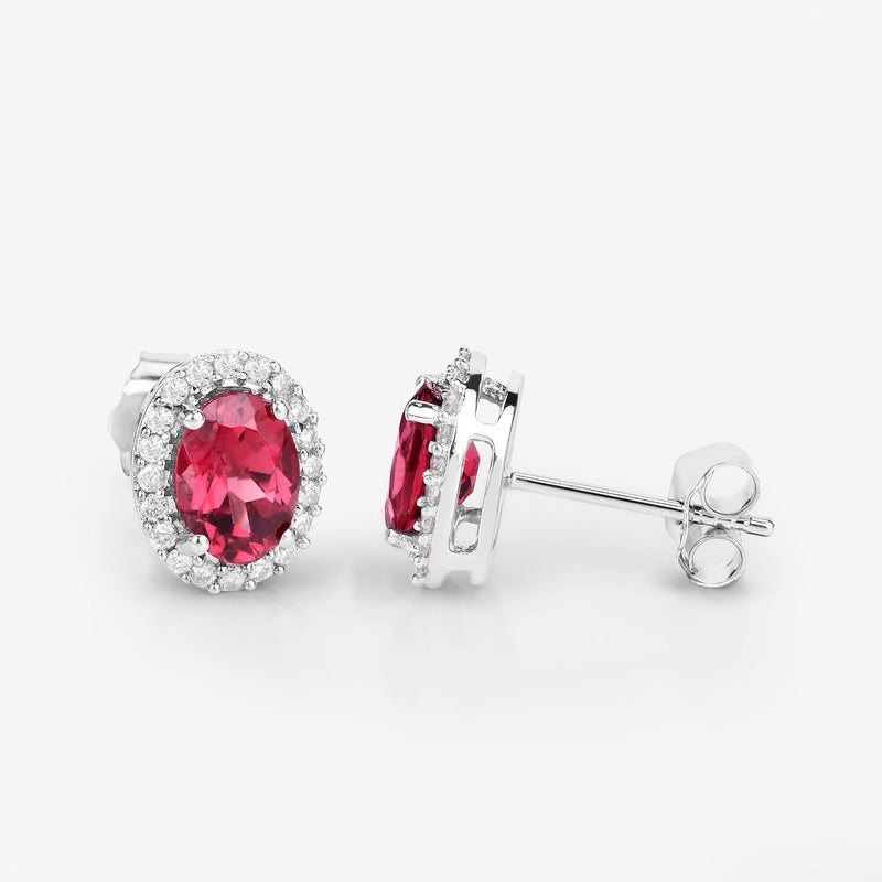 1.64 Carat Genuine Pink Tourmaline and White Diamond 14K White Gold Earrings