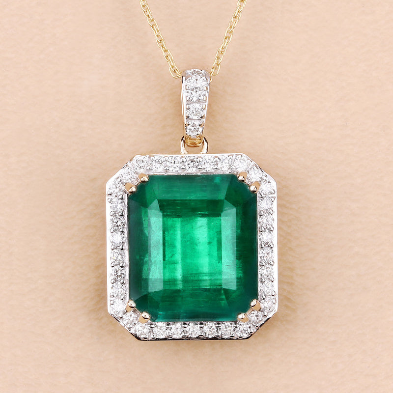 IGI Certified 13.23 Carat Genuine Zambian Emerald and White Diamond 14K Yellow Gold Pendant