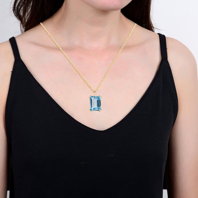 V3 Jewelry 18K Gold Plated with Emerald Cut Sky Blue Topaz Solitaire Pendant with 18" Chain for Women