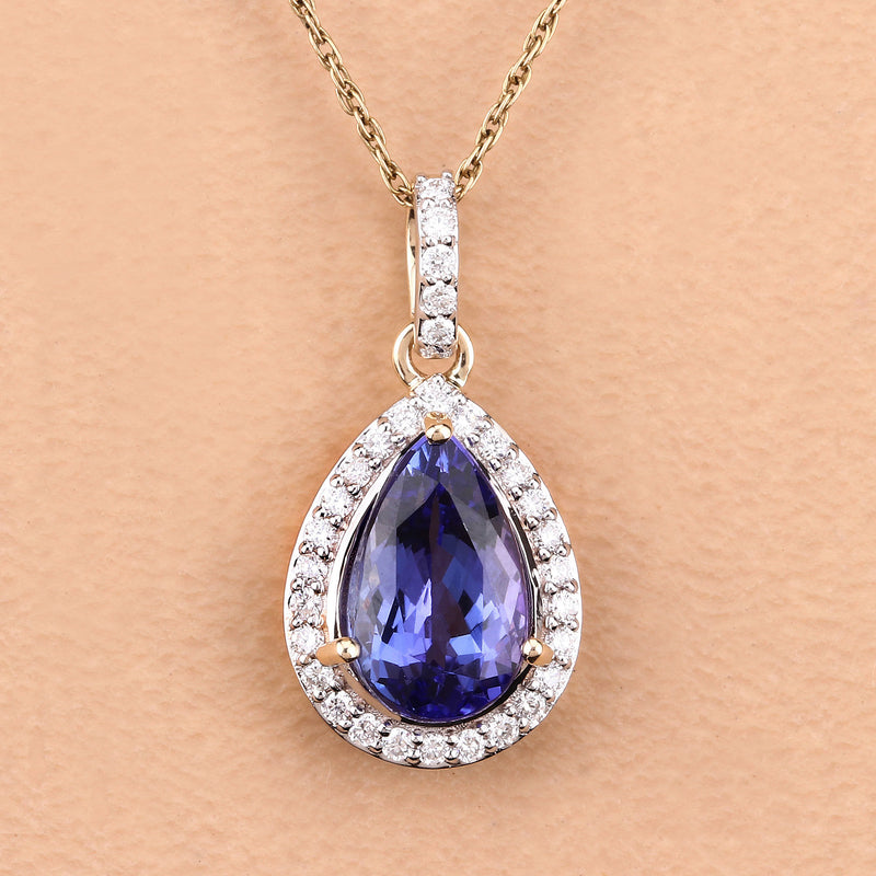 2.26 Carat Genuine Tanzanite and White Diamond 14K Yellow Gold Pendant