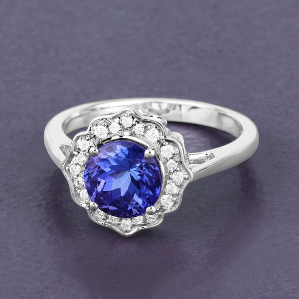 2.09 Carat Genuine Tanzanite and White Diamond 14K White Gold Ring