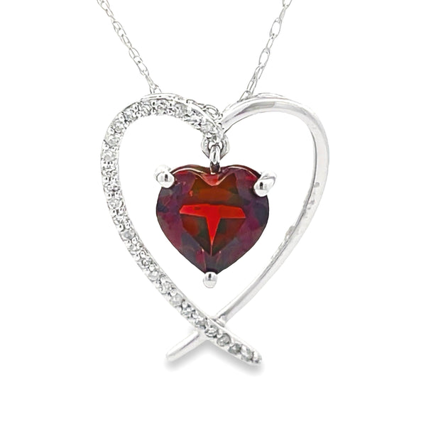 Garnet Diamond Heart Love Pendant 14KT White Gold