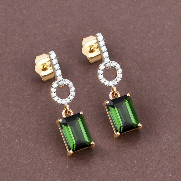 2.28 Carat Genuine Green Tourmaline and White Diamond 14K Yellow Gold Earrings