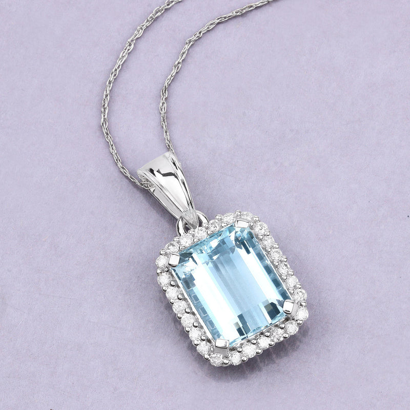 5.11 Carat Genuine Aquamarine and White Diamond 14K White Gold Pendant