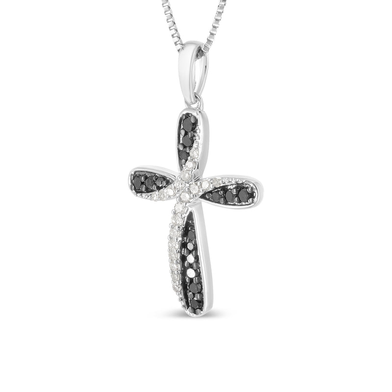 .925 Sterling Silver 1/4 Cttw Alternating Black and White Diamond Intertwining Ribbon Weave Cross 18" Pendant Necklace (Black/I-J Color, I2-I3 Clarity)