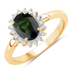 1.37 Carat Genuine Green Tourmaline and White Diamond 14K Yellow Gold Ring