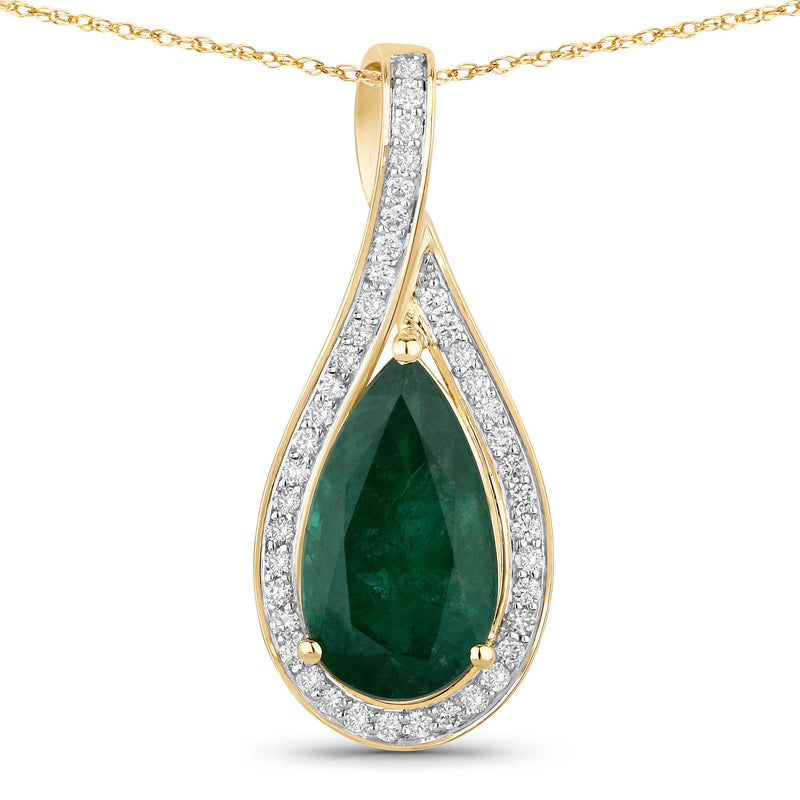 IGI Certified 3.16 Carat Genuine Zambian Emerald and White Diamond 14K Yellow Gold Pendant