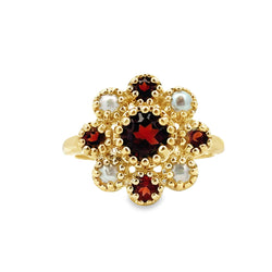 Natural .93ct Garnet FW Pearl Ring 10KT Yellow Gold