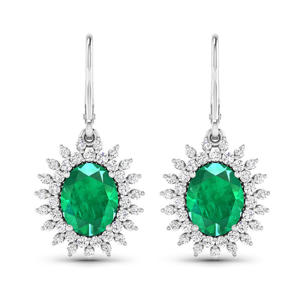 3.90 Carat Genuine Zambian Emerald and White Diamond 14K White Gold Earrings