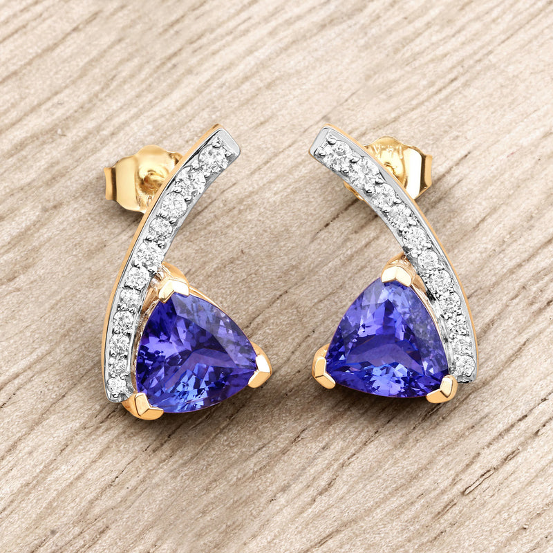 3.77 Carat Genuine Tanzanite and White Diamond 14K Yellow Gold Earrings