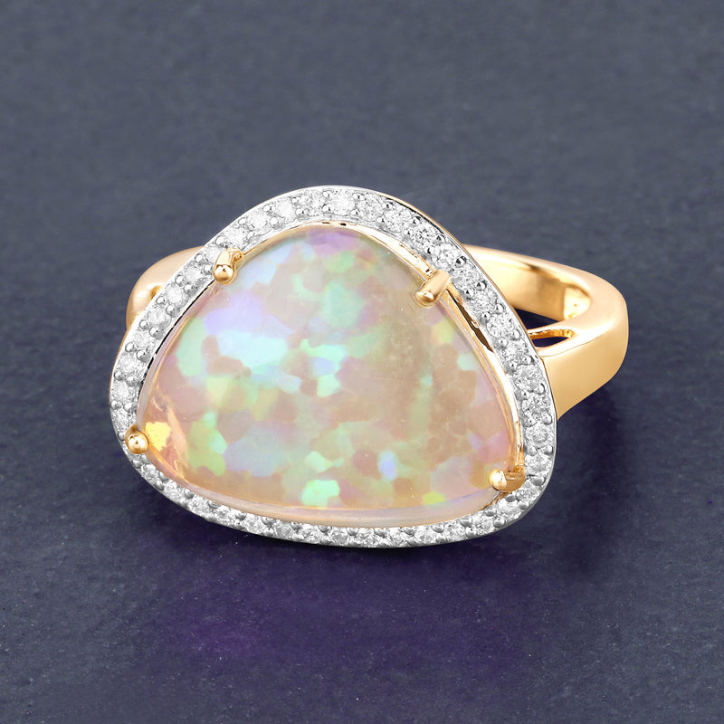 3.88 Carat Genuine Ethiopian Opal and White Diamond 14K Yellow Gold Ring