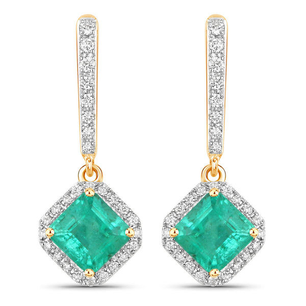 1.97 Carat Genuine Emerald and White Diamond 14K Yellow Gold Earrings