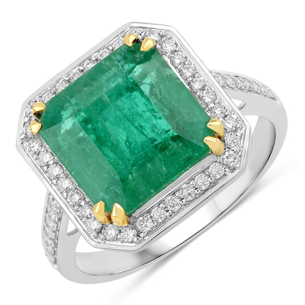 IGI Certified 5.46 Carat Genuine Zambian Emerald and White Diamond 14K Yellow & White Gold Ring