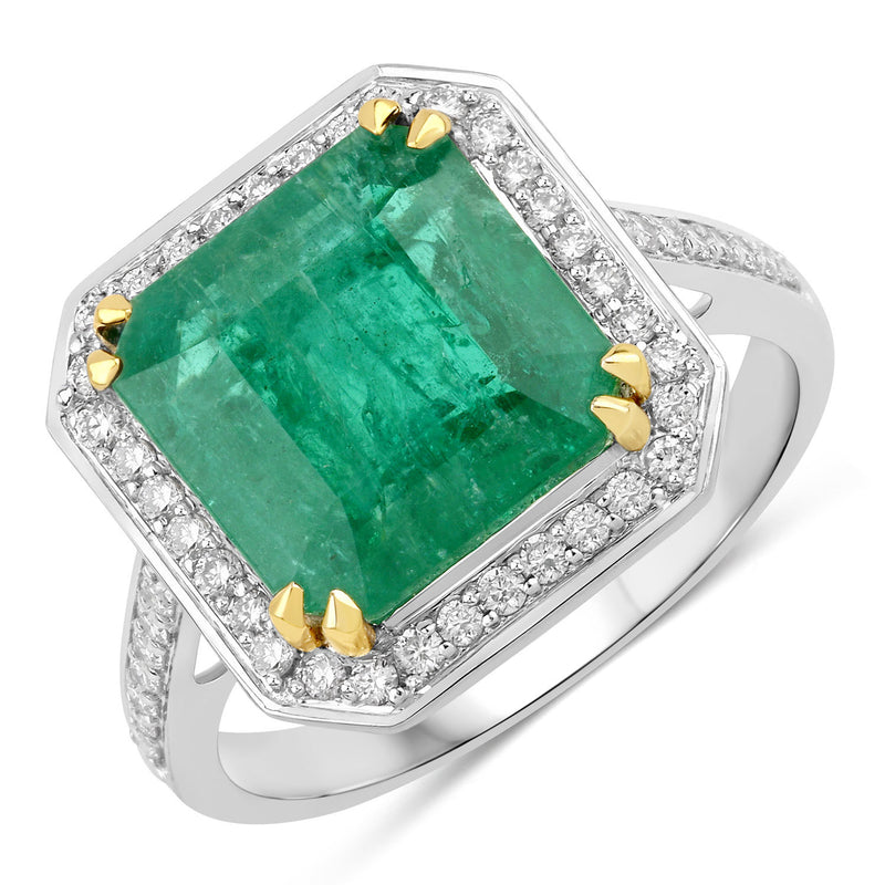 IGI Certified 5.46 Carat Genuine Zambian Emerald and White Diamond 14K Yellow & White Gold Ring