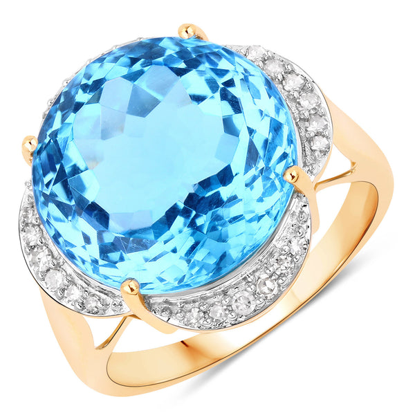 12.69 Carat Genuine Swiss Blue Topaz and White Diamond 14K Yellow Gold Ring