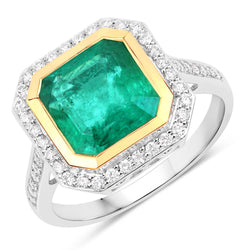 IGI Certified 3.78 Carat Genuine Zambian Emerald and White Diamond 14K Yellow & White Gold Ring