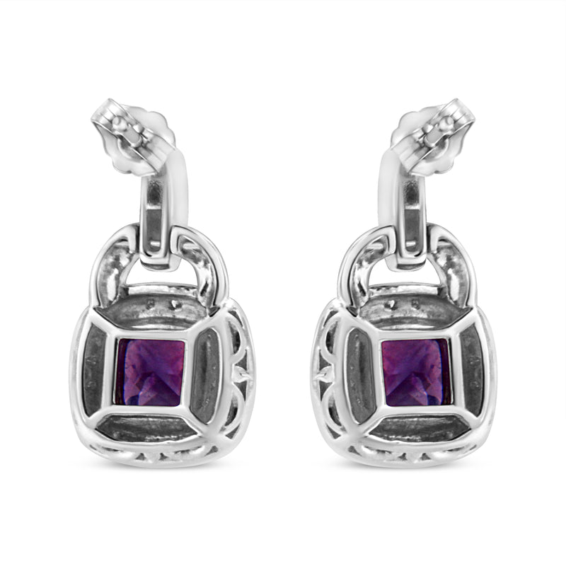 .925 Sterling Silver 8MM Natural Cushion Shaped Amethyst and Diamond Accent Halo with Push Back Dangle Earrings (I-J Color, I2-I3 Clarity)