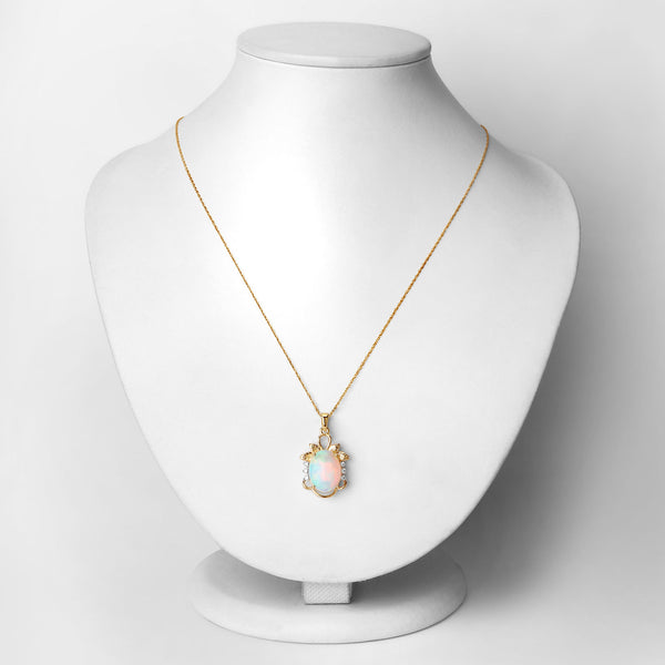 3.57 Carat Genuine Ethiopian Opal and White Diamond 14K Yellow Gold Pendant