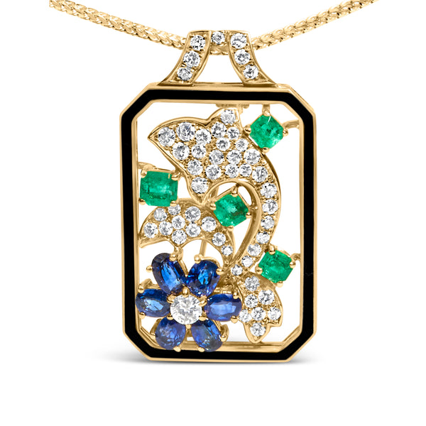 18K Yellow Gold 2 1/3 Cttw Diamond, Sapphire, and Emerald Dog Tag with Dolphin Silhouette Convertible 18" Pendant Necklace and Brooch (G-H Color, SI1-SI2 Clarity)