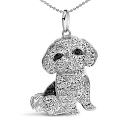 .925 Sterling Silver 1/2 Cttw White and Black Diamond Shih Tzu Dog 18" Pendant Necklace (I-J Color, I2-I3 Clarity)