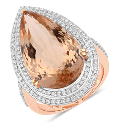 12.66 Carat Genuine Morganite and White Diamond 14K Rose Gold Ring