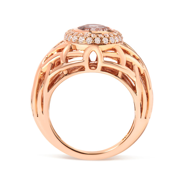 14K Rose Gold Oval Cut Light Pink Morganite and 3/8 Cttw Diamonds Halo and Basket Weave Cocktail Ring (G-H Color, SI1-SI2 Clarity) - Size 7