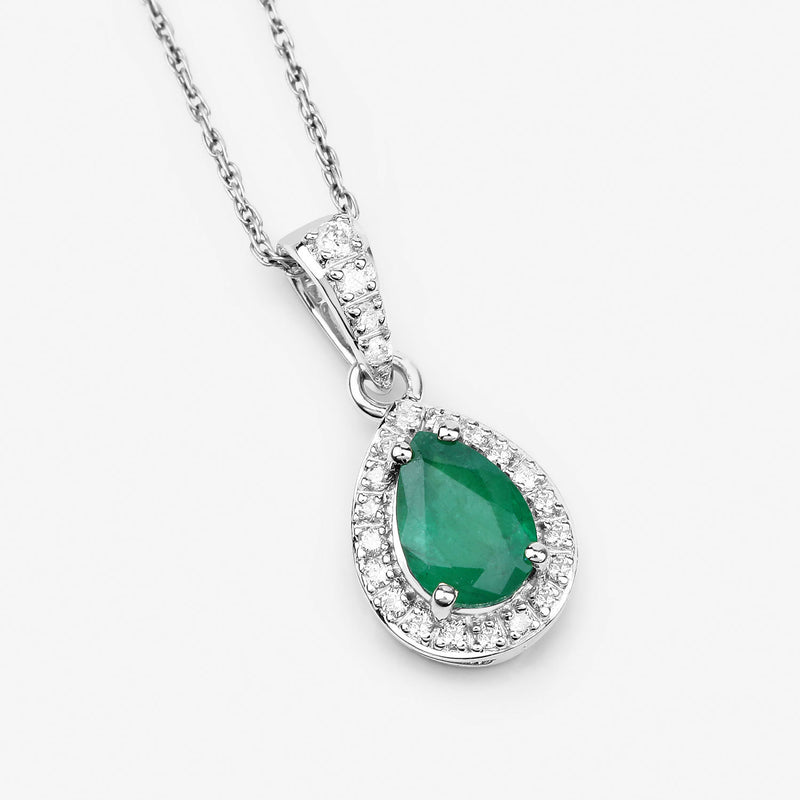 0.77 Carat Genuine Zambian Emerald and White Diamond 14K White Gold Pendant