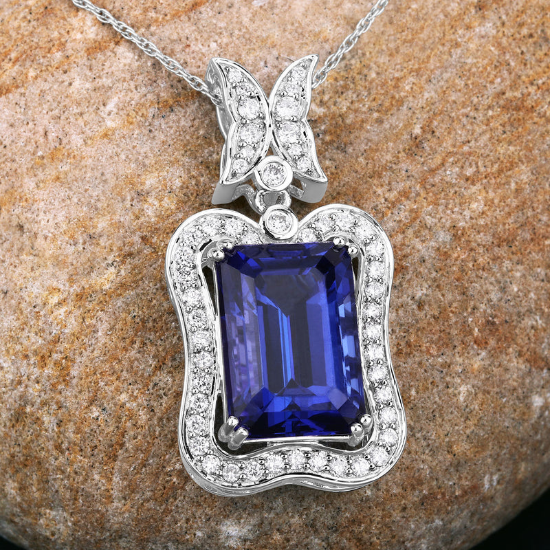 8.53 Carat Genuine Tanzanite and White Diamond 18K White Gold Pendant